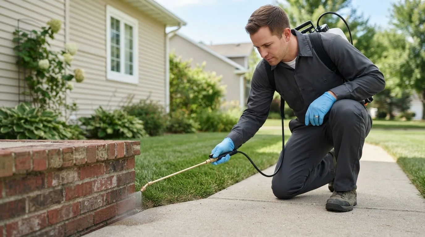 Pest control technician treating a home near Reisterstown, MD